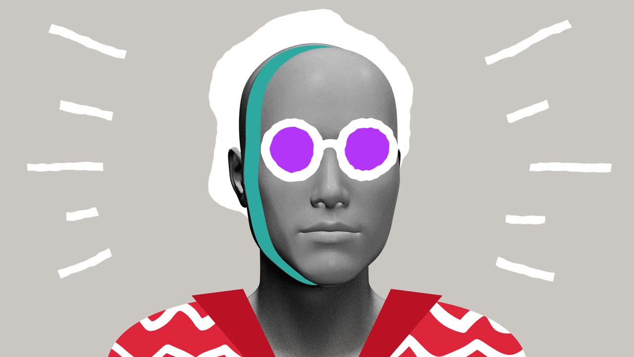 concepto de arte abstracto del cuerpo humano con formas de dibujo de doodle. hombre o mujer de personaje 3d realista en estilo de stop motion creativo. diseño psicodélico gráfico minimalista colorido. animación de bucle de moda de dibujos animados.