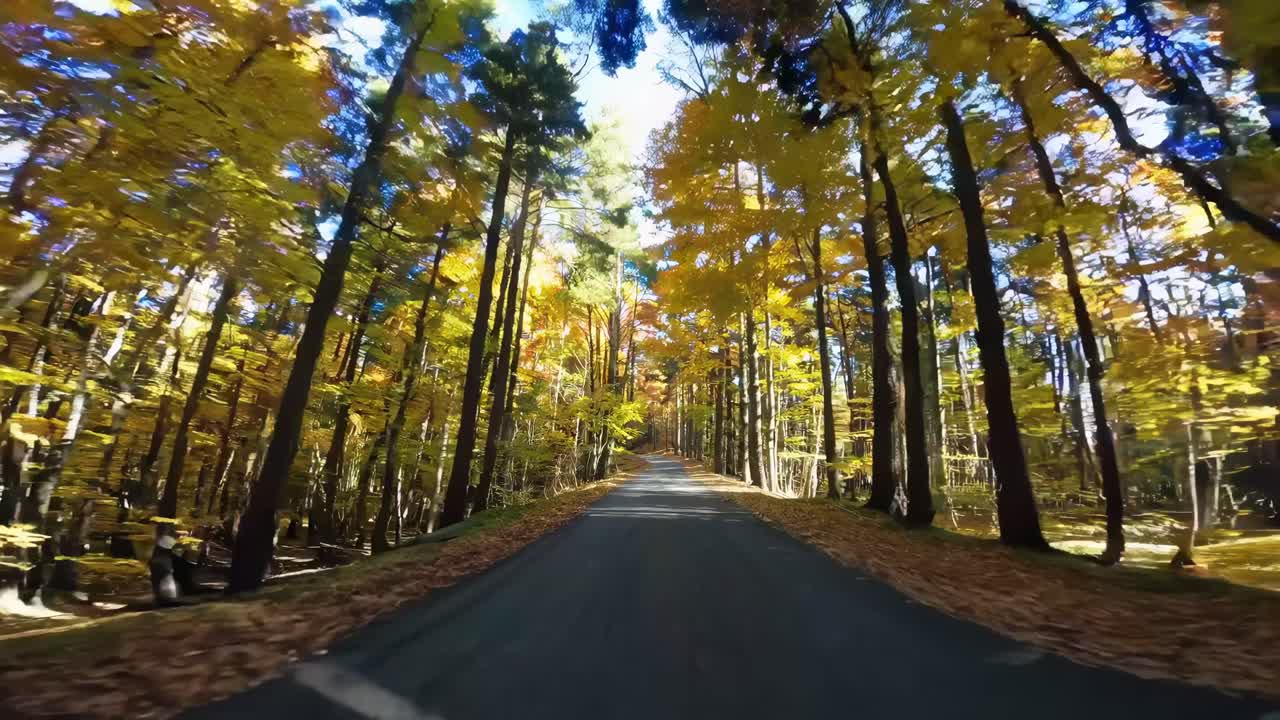 A dynamic video captures a scenic drive through a forest in autumn, with a low-angle perspective