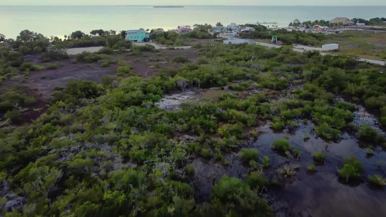 Aerial towards the 'Secret Beach Belize' on Ambergris Caye or Bay, Belize