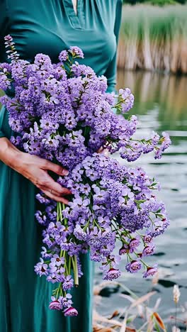 woman holding a beautiful purple flower bouquet by the lake