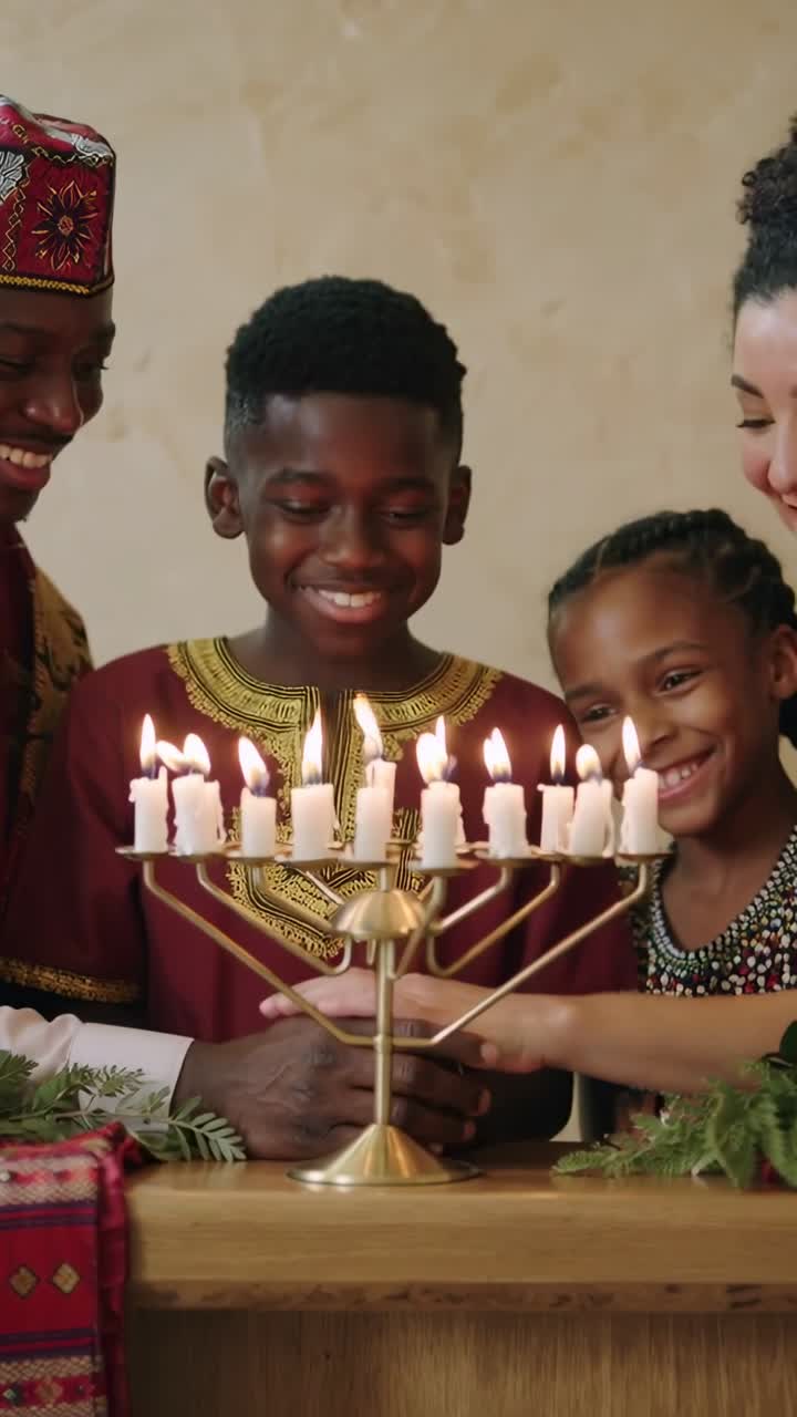 Vertical video: Touching shamash, son lighting second Hanukkah candle at table with menorah