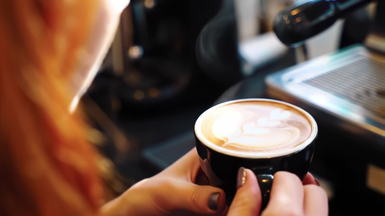 Artful Barista Crafting a Beautiful Latte with Intricate Foam Design, Capturing the Essence of Coffee Culture in a Cozy Café Setting