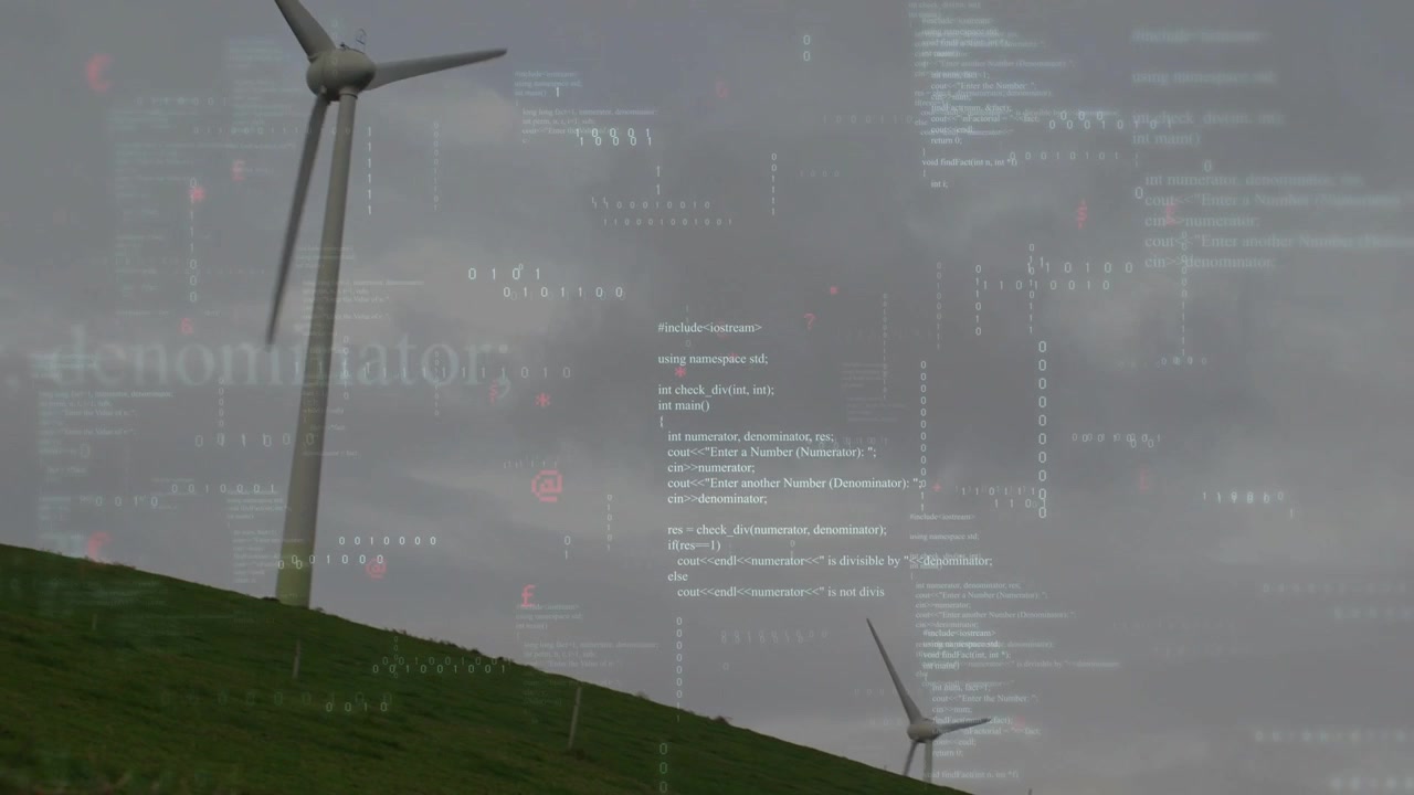 Verticale video: Hoge turbine komt in beeld terwijl de camera omhoog beweegt, roterende bladen tonen een HUD.