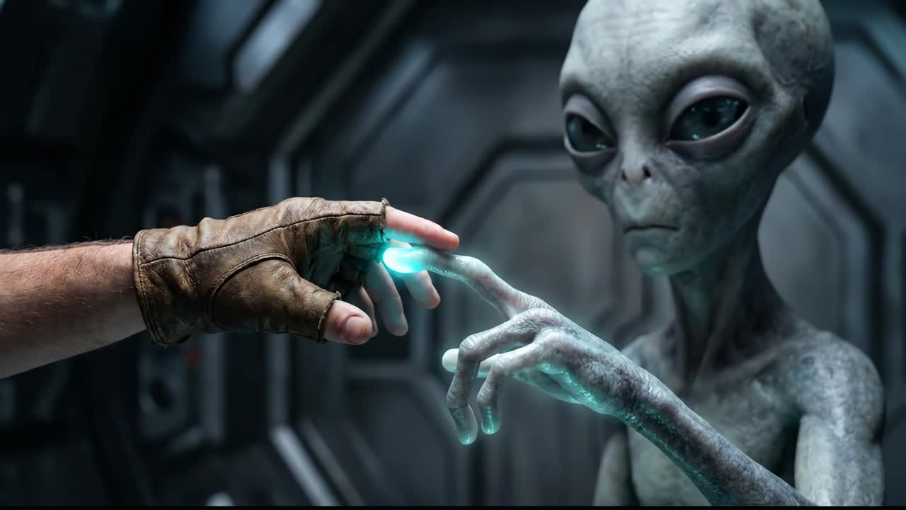 Human Hand and Alien Finger Touching with Glowing Effect