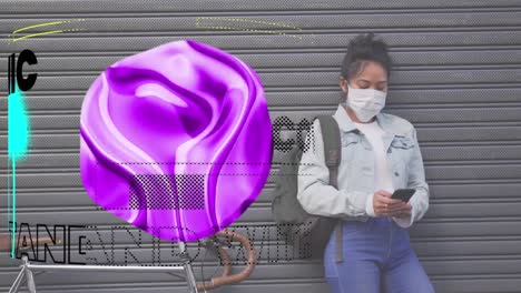 Animation-of-purple-shape-floating-with-social-distancing-message-over-Asian-woman-wearing-face-mask