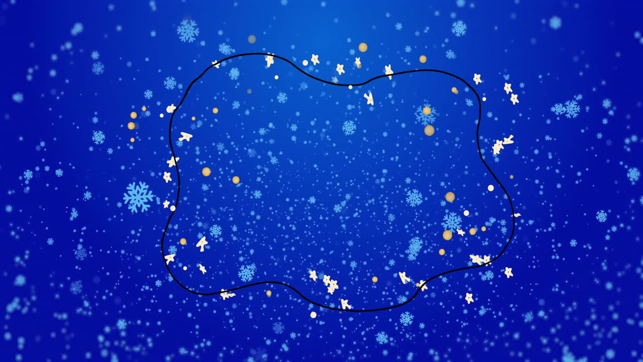 Animation of snowflakes and stars with abstract shapes on blue background