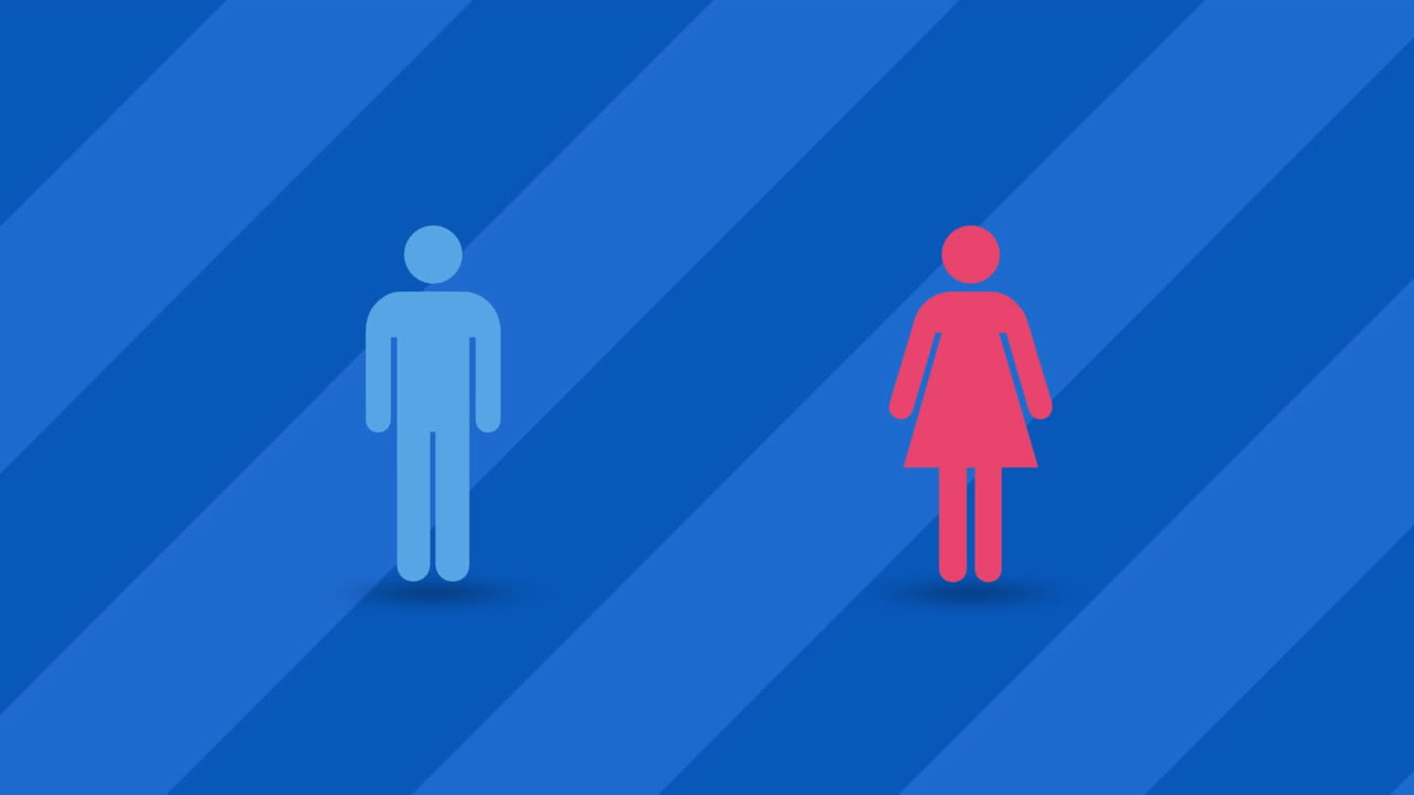 Animation of male and female icons against blue striped background with copy space
