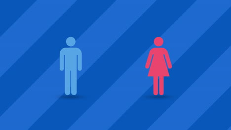 animation of male and female icons against blue striped background with copy space