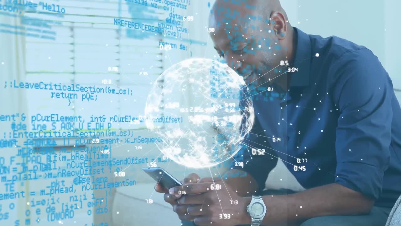 Animation of numbers around globe, computer language over african american man using cellphone