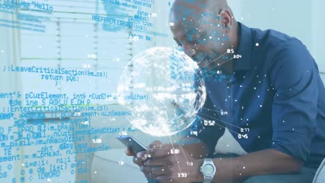 animation of numbers around globe, computer language over african american man using cellphone
