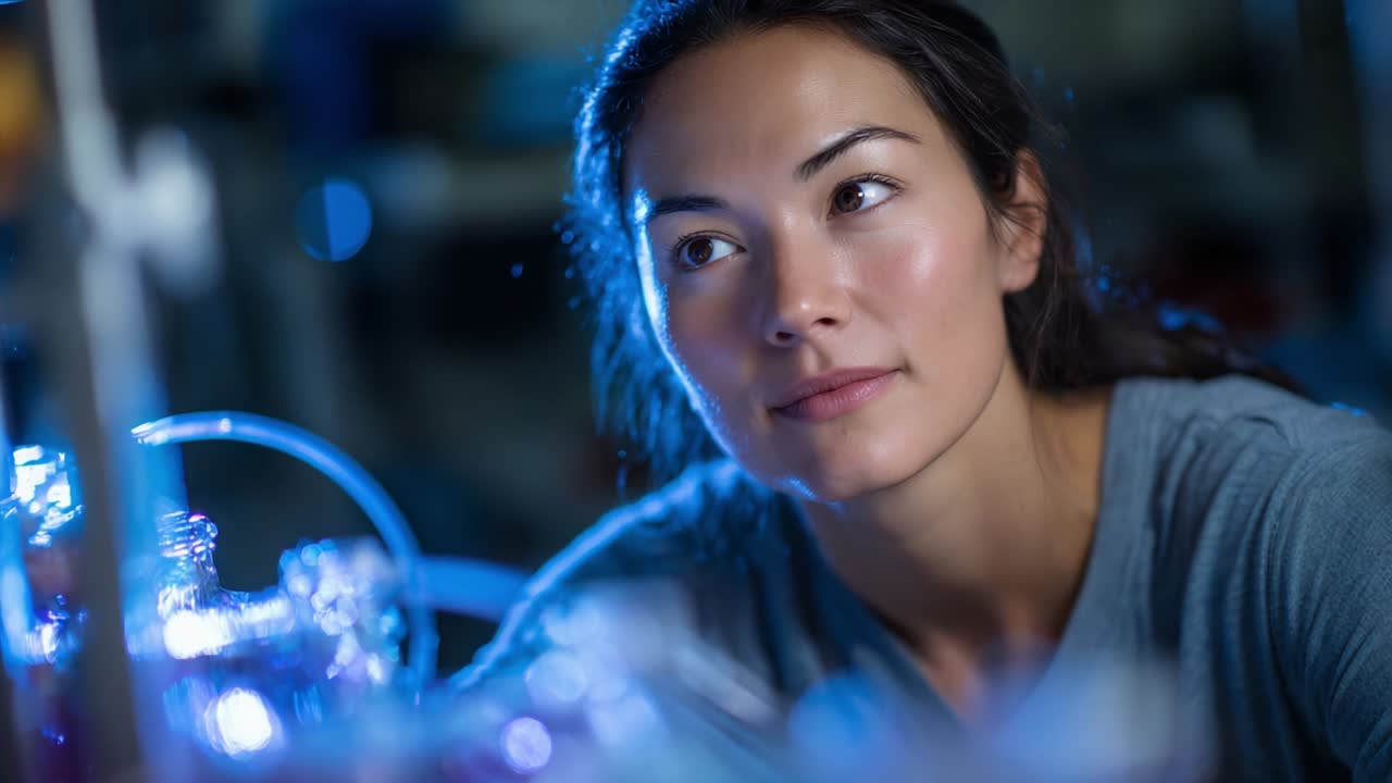 Un'attenta ricercatrice in un ambiente di laboratorio, profondamente coinvolta nel suo lavoro e intenta a esplorare concetti scientifici innovativi. L'atmosfera è illuminata da freddi toni di blu, che accentuano l'attenzione sul suo atteggiamento analitico.