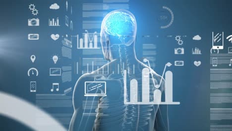 animación del procesamiento de datos sobre un modelo de cuerpo humano giratorio y un punto de luz contra un fondo azul