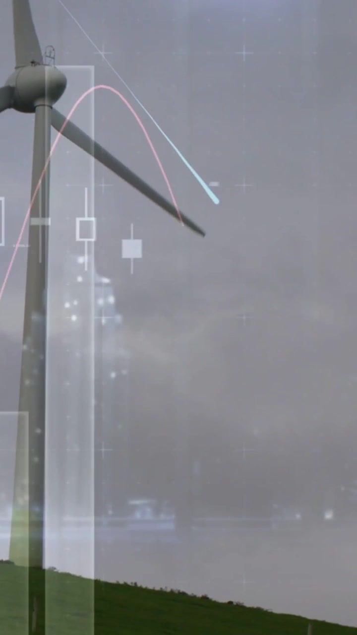 Video verticale: Sovrapposizioni HUD che appaiono, telecamera che si alza, pale della turbina che ruotano, mostrando dati sulla potenza.