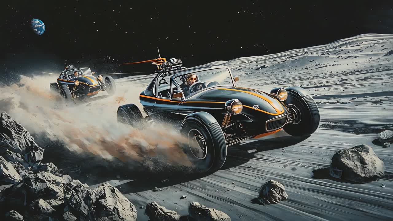 Racing lead dune buggy across moon kicking dust goggled driver Earth visible trailing buggy chasing