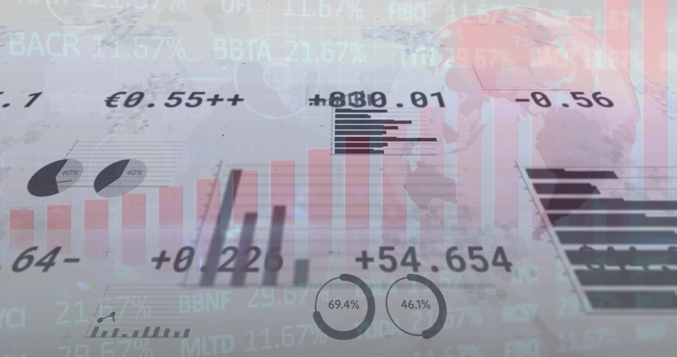 Animazione di grafici finanziari e numeri che cambiano su sfondo grigio