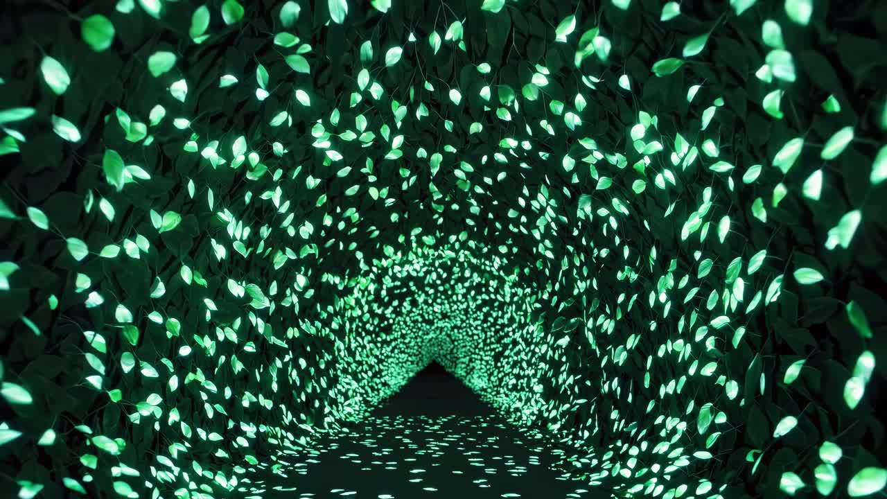 Enchanting illuminated tunnel with vibrant green leaves creating a mesmerizing pathway, showcasing the magical ambiance of light and nature's beauty
