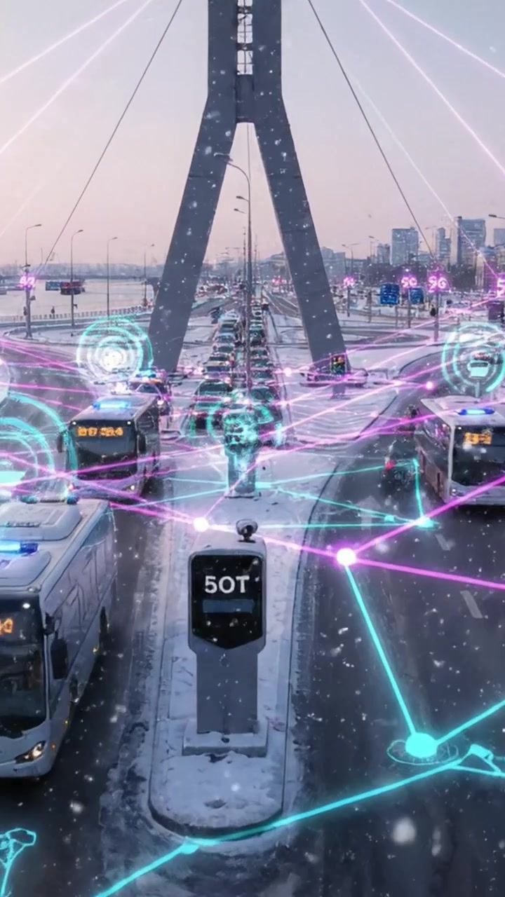 Una vista di paesaggio urbano invernale del traffico che scorre attraverso un incrocio urbano sotto un cielo nevoso con un tocco high-tech di connettività digitale.