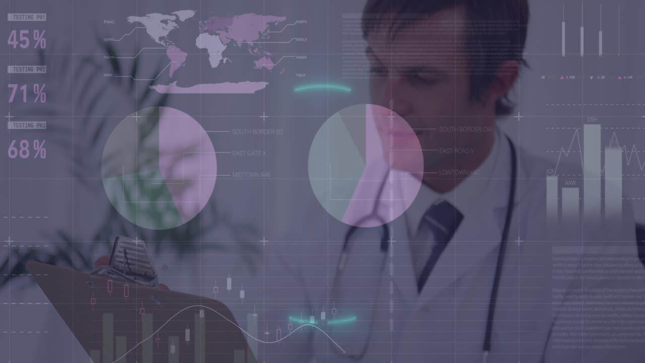 Animação de processamento de dados e formas sobre médico caucasiano com prancheta