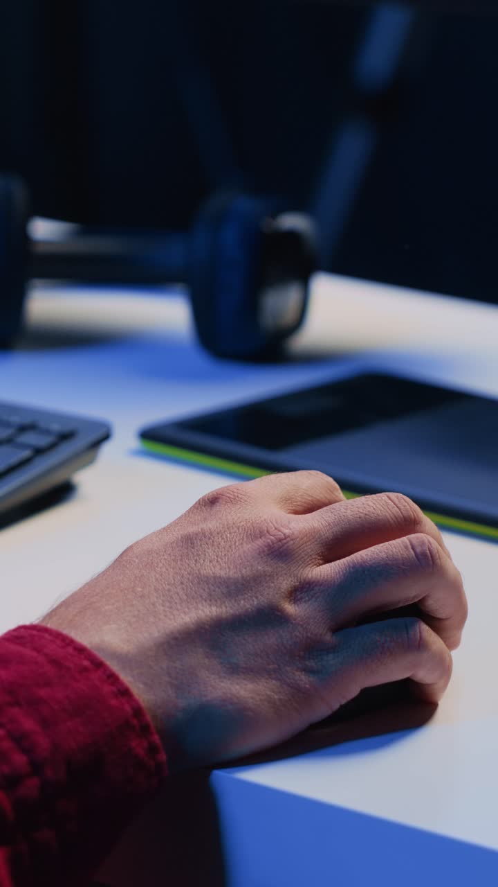 Editor di foto per video verticali che ritocca fotografie alla scrivania in un ufficio all’interno di uno studio creativo usando il mouse, primo piano