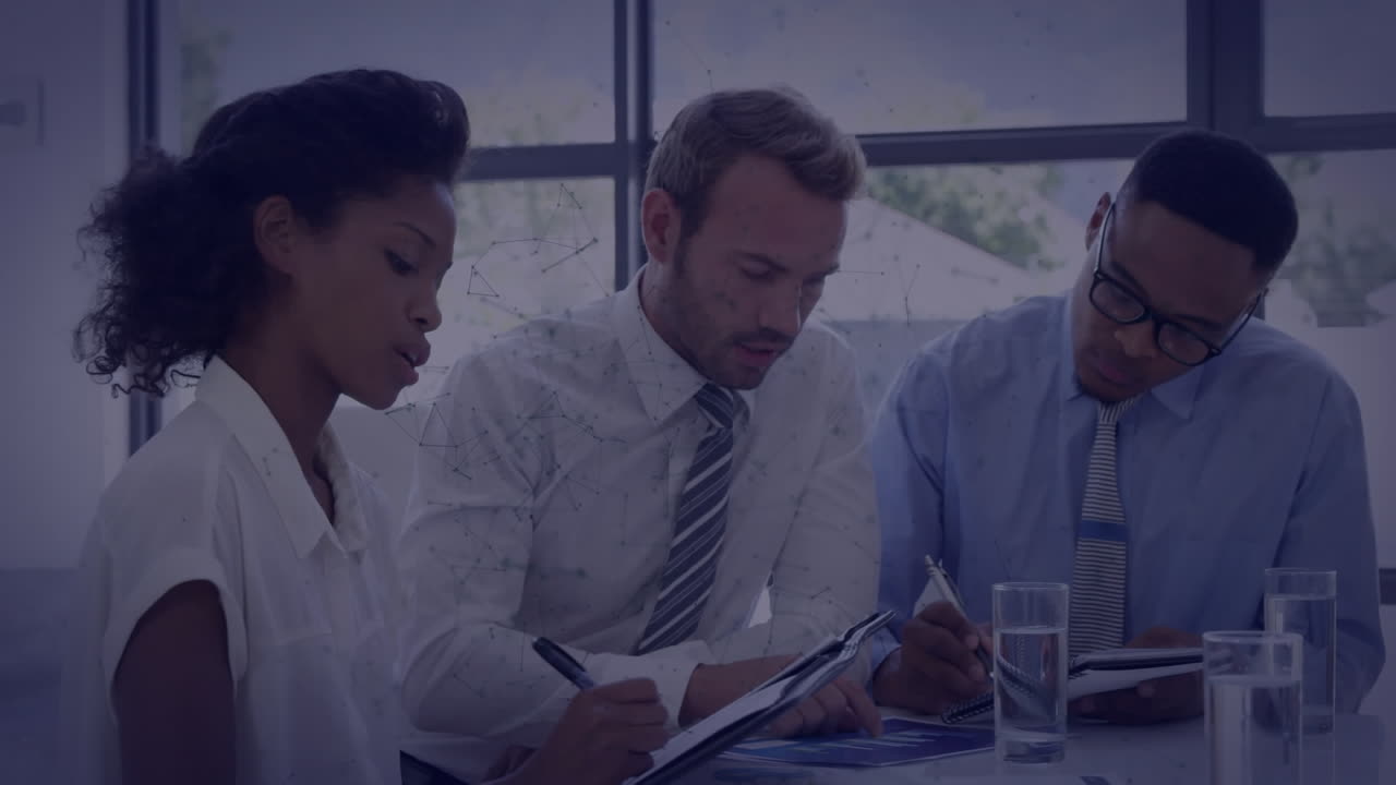 Animation of connections and data processing over diverse business people in office