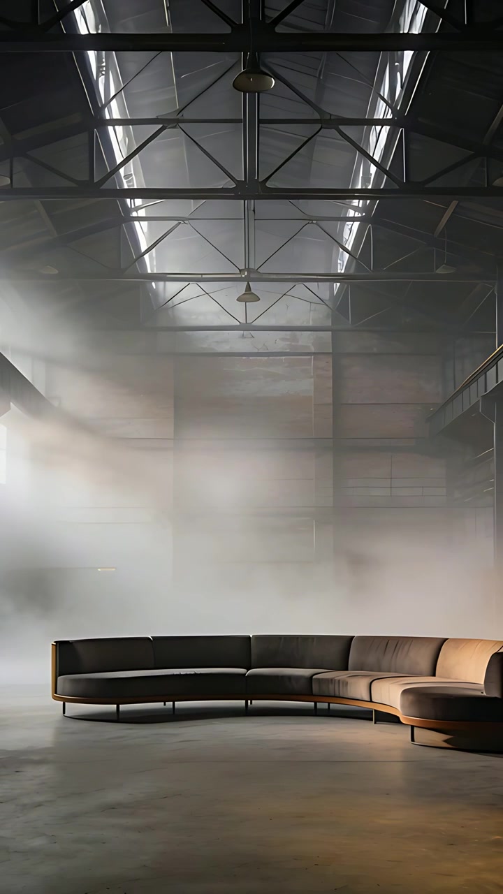 Video verticale: Nebbia che si dirada, la telecamera sale rivelando un divano curvo in un loft, con raggi di luce da un lucernario.
