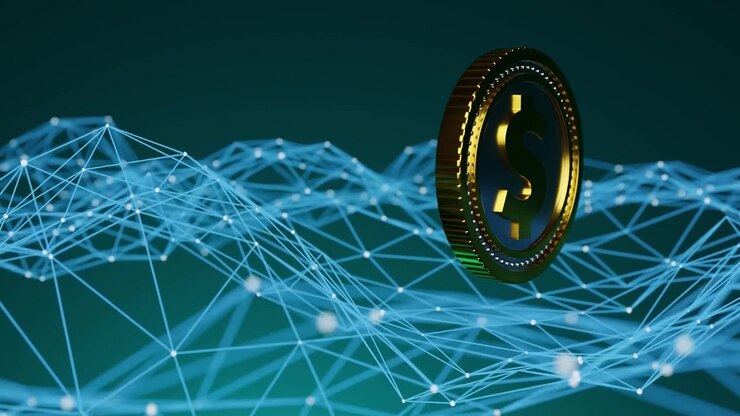 Moneta d'oro con simbolo del dollaro che fluttua sopra una griglia di rete digitale blu su uno sfondo scuro. Concetto di criptovaluta e tecnologia finanziaria. Design per banner, poster, sfondo e intestazione.