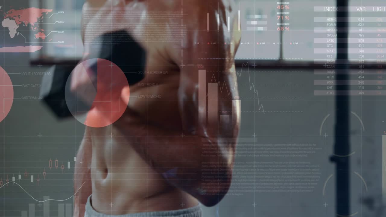 Man lifting hex dumbbell, curling in fitness gym, HUD charts sliding across torso tracking metrics