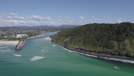 panoramic view of burleigh headland with greenery forest and tallebudgera creek seawall in gold coast, qld australia