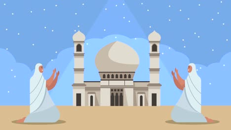 hajj mabrour celebrando con mujeres orando y mezquita