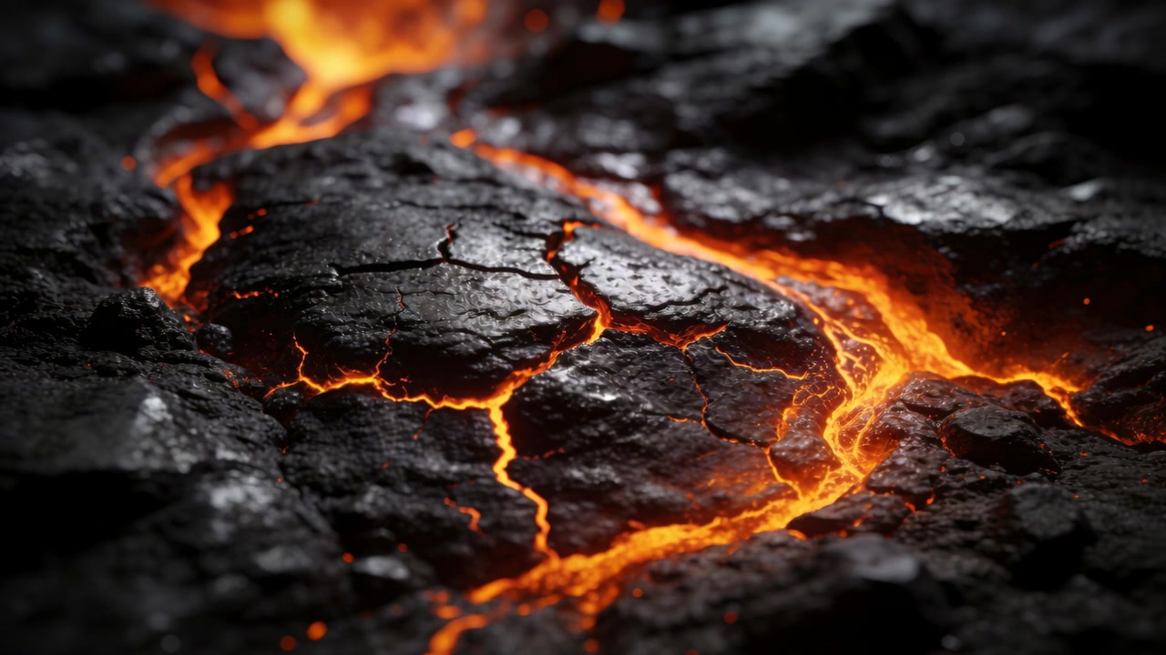 Croûte volcanique fissurée pulsant sous l'effet de la chaleur, révélant de la lave en fusion en gros plan avec des braises incandescentes