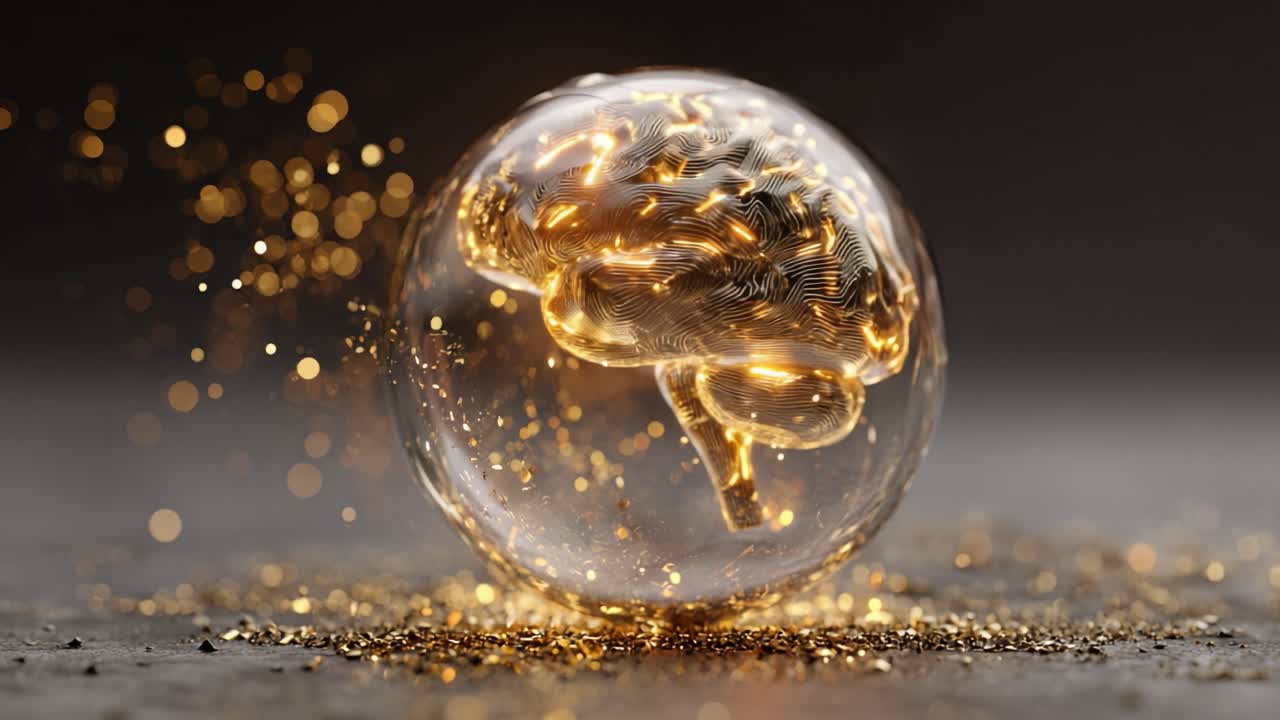 A Stunning Visualization of a Gold-Plated Brain Encased in a Glass Sphere, Emanating Radiant Light and Sparkles, Symbolizing Intelligence, Creativity, and Innovation in a Fascinating Artistic Rendition