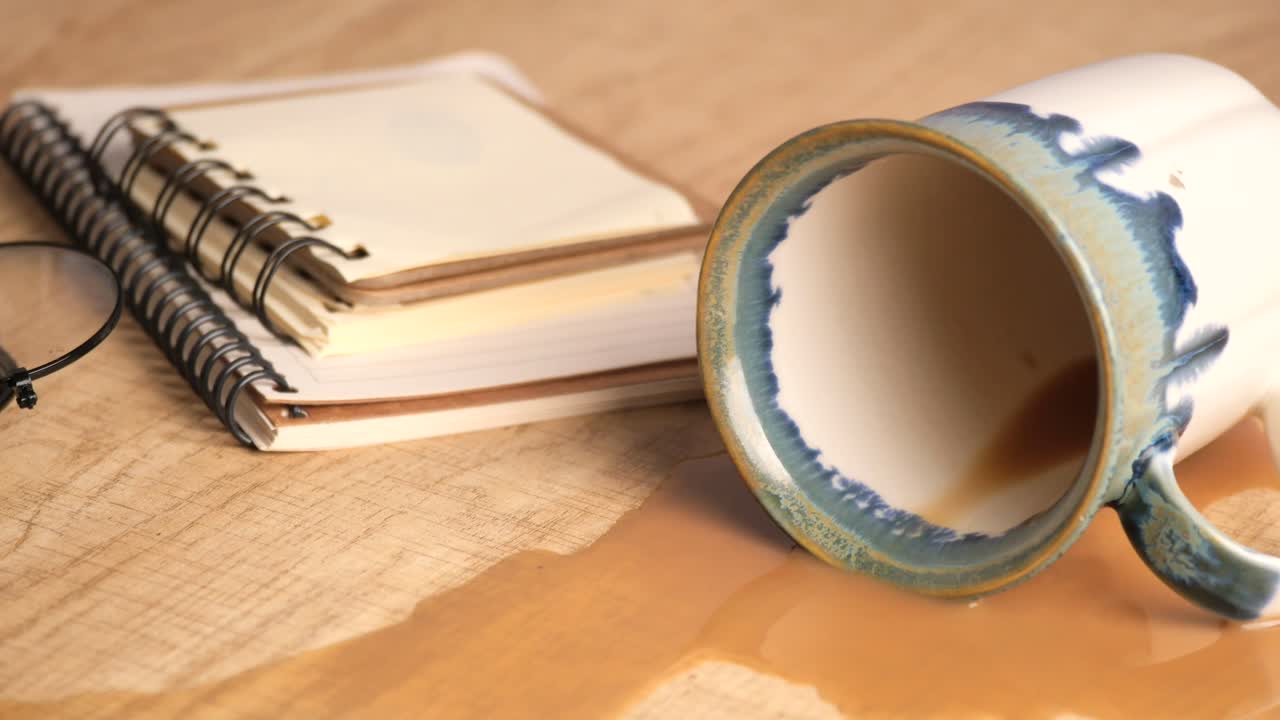 café derramado y cuadernos en un escritorio de madera