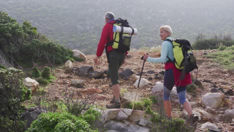 senior wandelaarspaar met rugzakken en wandelstokken lopen tijdens het wandelen in de bergen.