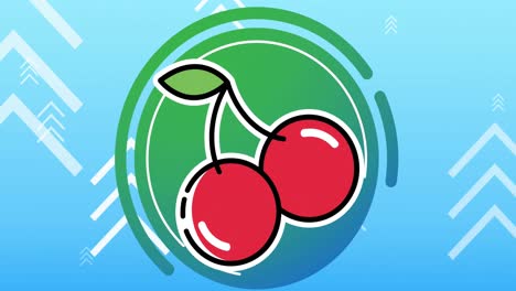 Animation-of-two-red-cherries-in-green-circle-with-white-chevrons-on-blue-background