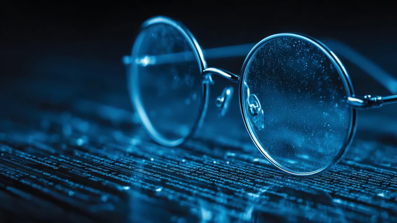 Close-Up View of Stylish Glasses Resting on a Surface, Enhanced by a Soft Blue Light and Textured Background, Creating a Unique Visual Atmosphere