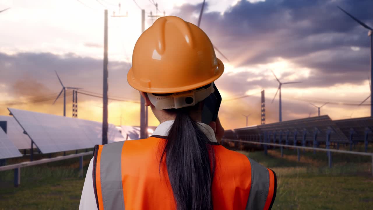 Close Up Back View Of Asian Female Engineer With Safety Helmet Talking On Smartphone With Solar Panel and Wind Turbines