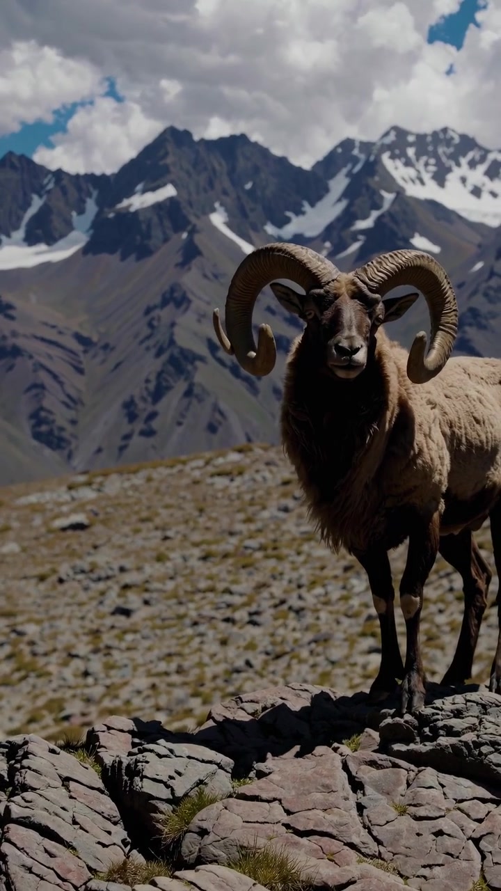 Powerful Mountain Ram Standing on a Rocky Outcrop with Snow-Capped Peaks