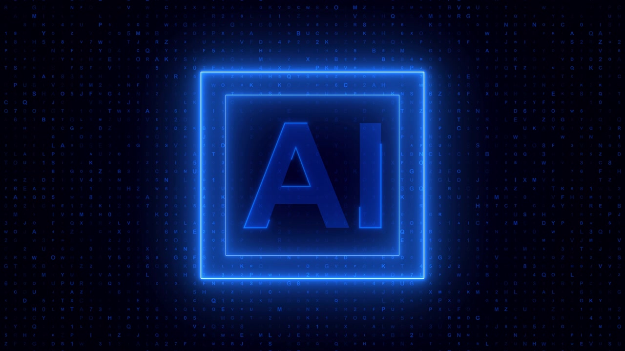 Logo AI al neon luminoso con sfondo di dati digitali