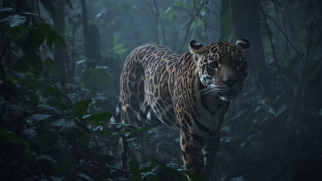 jaguar in the foggy rainforest