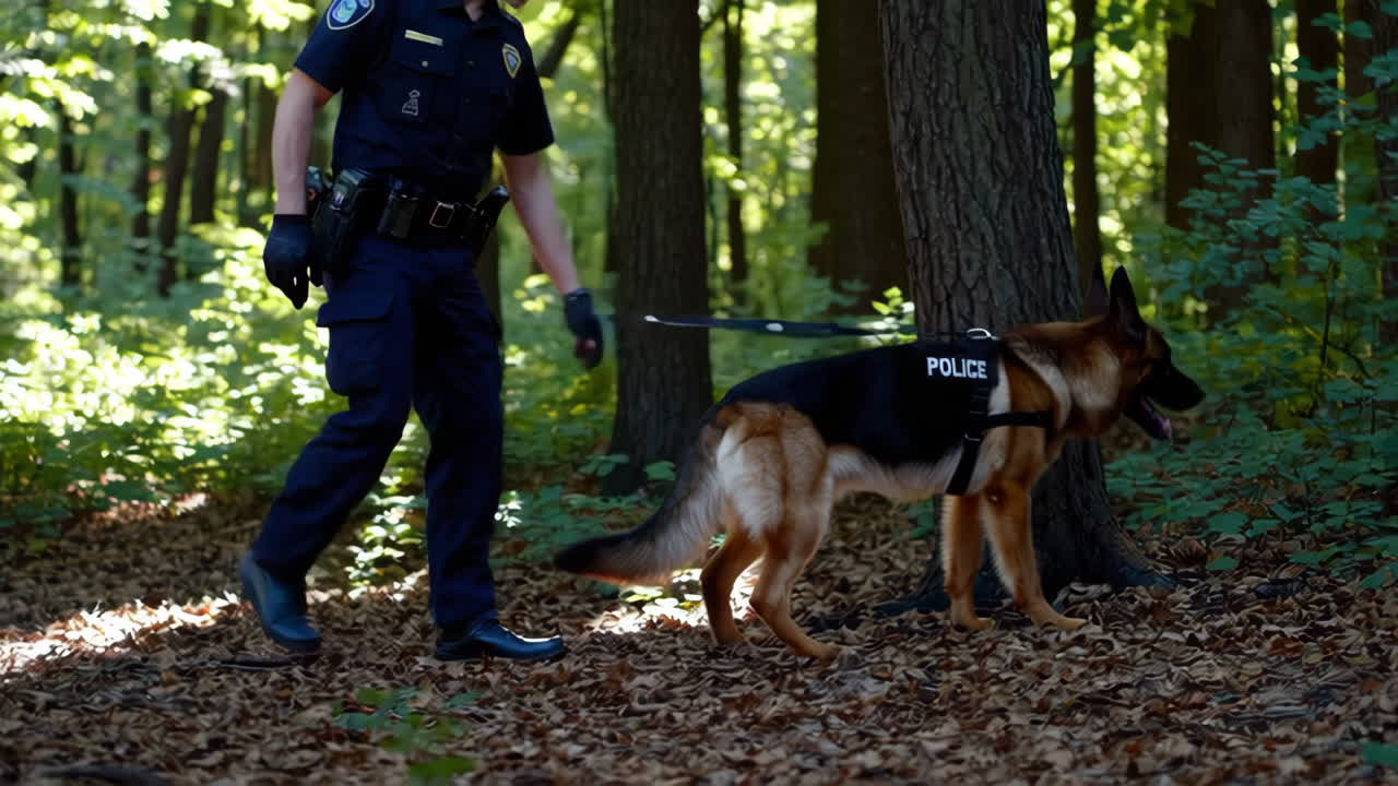 Police Officer and K9 Unit in Forest