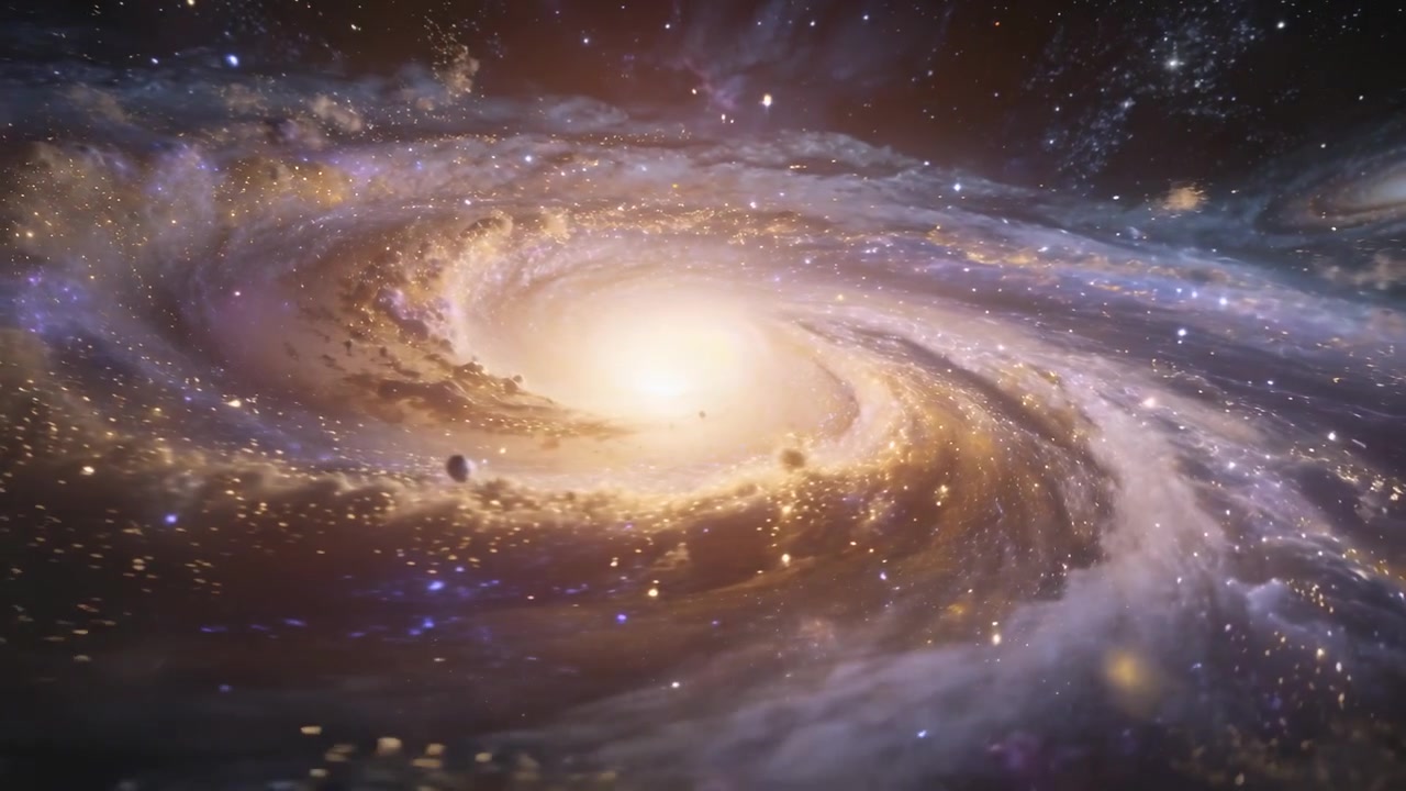 Panning view showing spiral galaxy core and drifting arms in space, with foreground rock crossing
