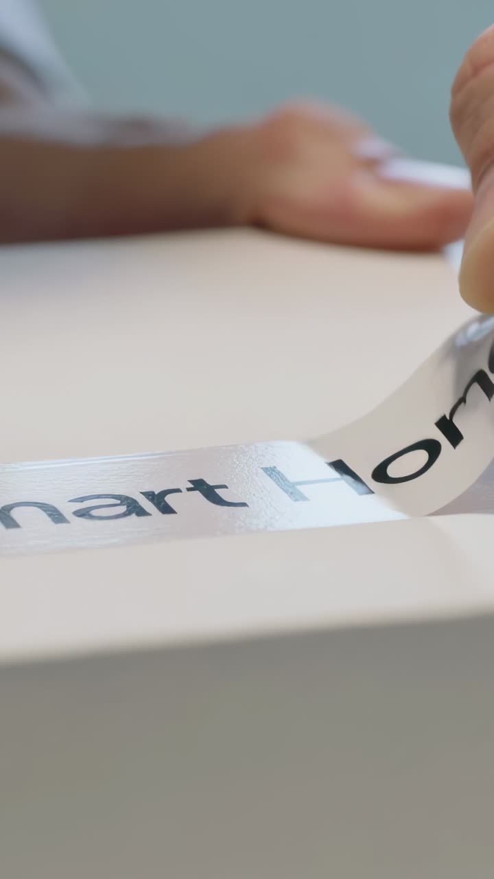 Vertical video: Entering right hand peeling Smart Home label from beige box on white table to open