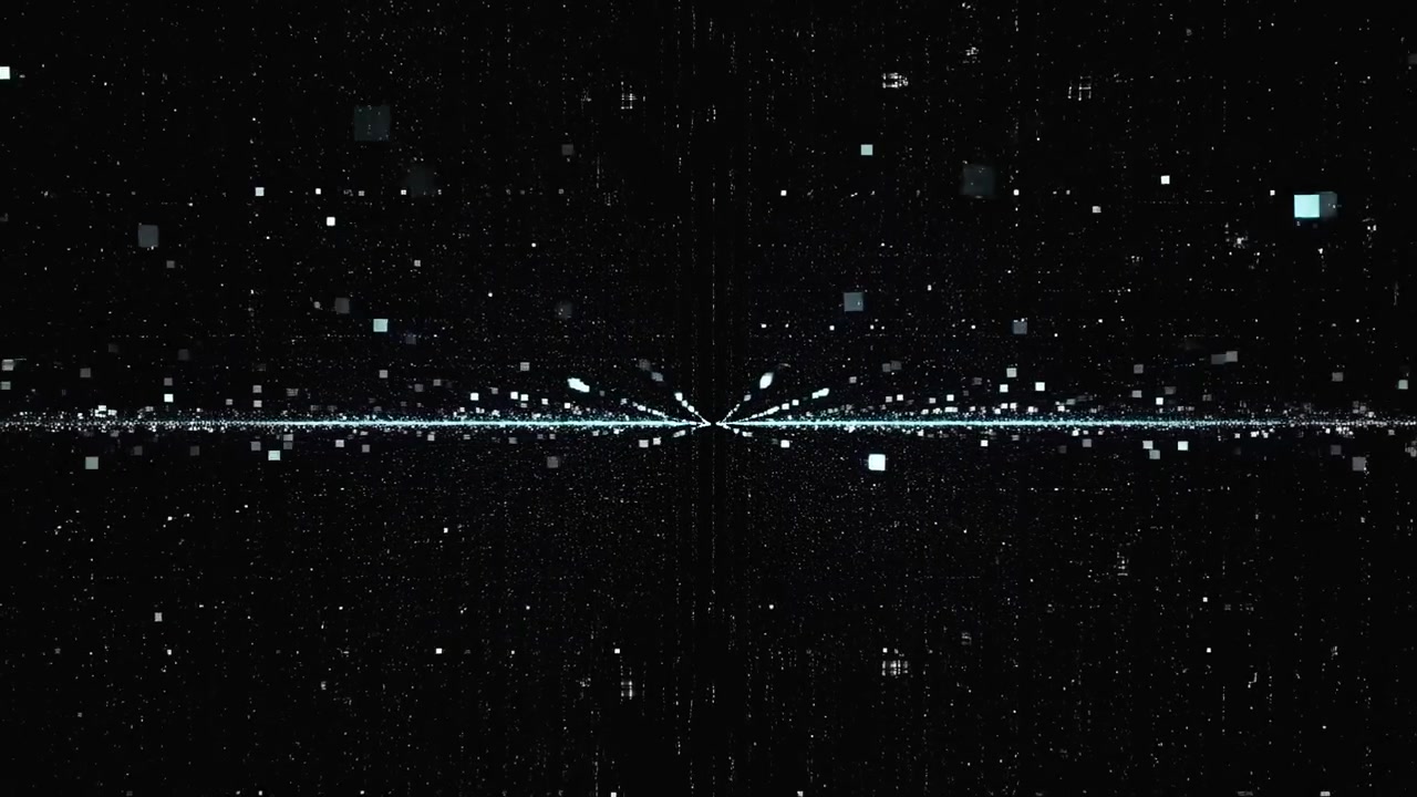 Dark cosmic scene shows bright cyan horizon line meeting distant vanishing point, scattered floating squares, subtle starfield sparkle, and glowing futuristic atmosphere with ethereal sci fi energy