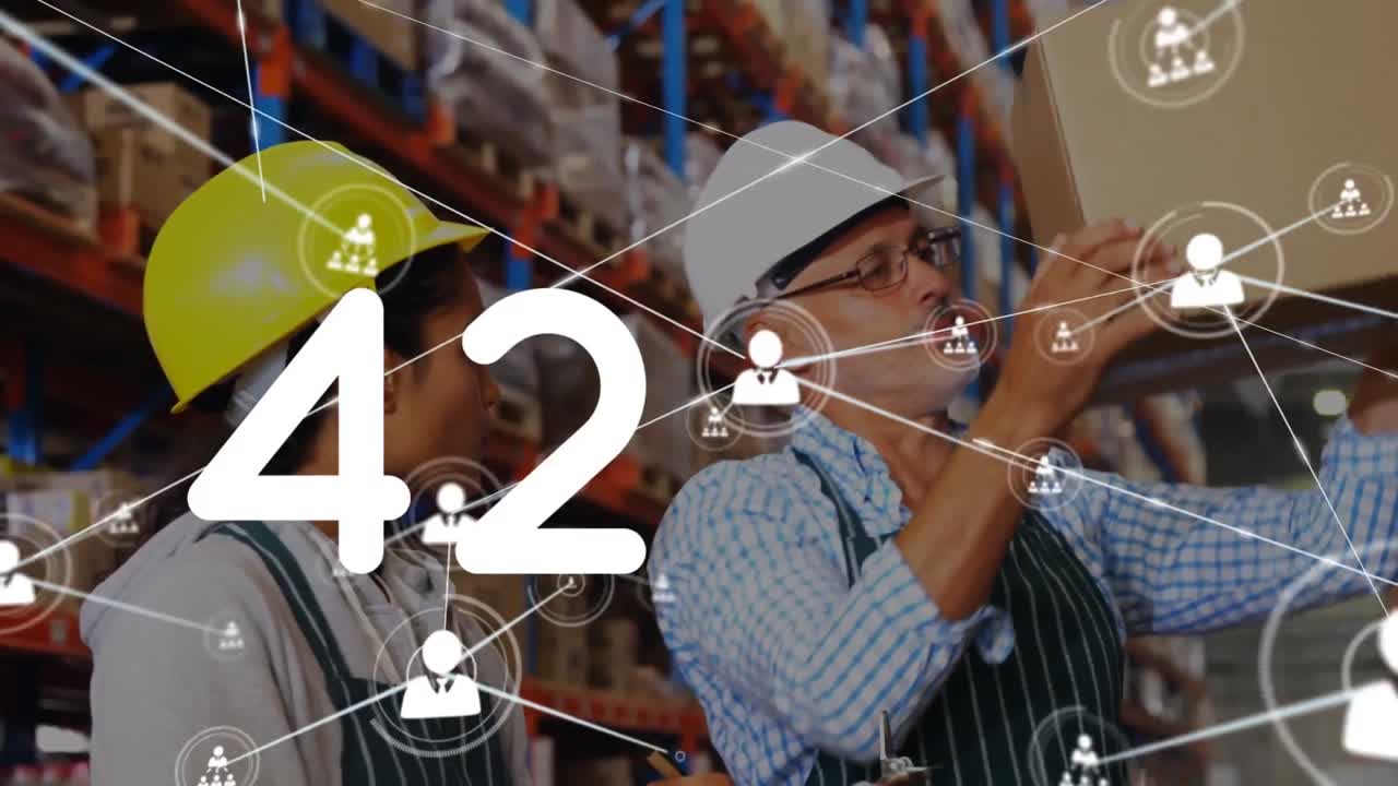 анимация меняющихся чисел, сеть связей между различными людьми, работающими на складе.