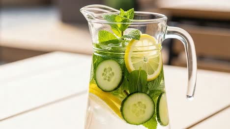 refreshing infused water pitcher filled with cucumber, lemon, and fresh mint leaves perfect for a healthy, hydrating summer beverage option