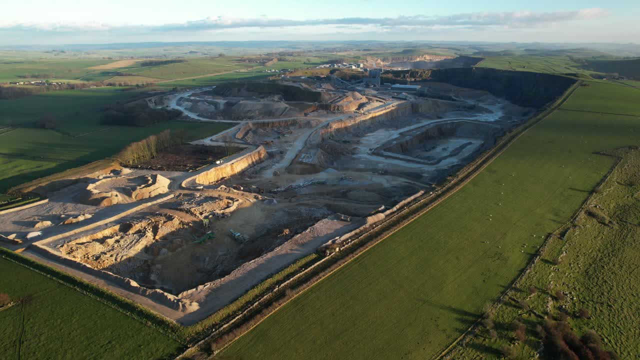 Aerial perspective of industrial quarry in the countryside