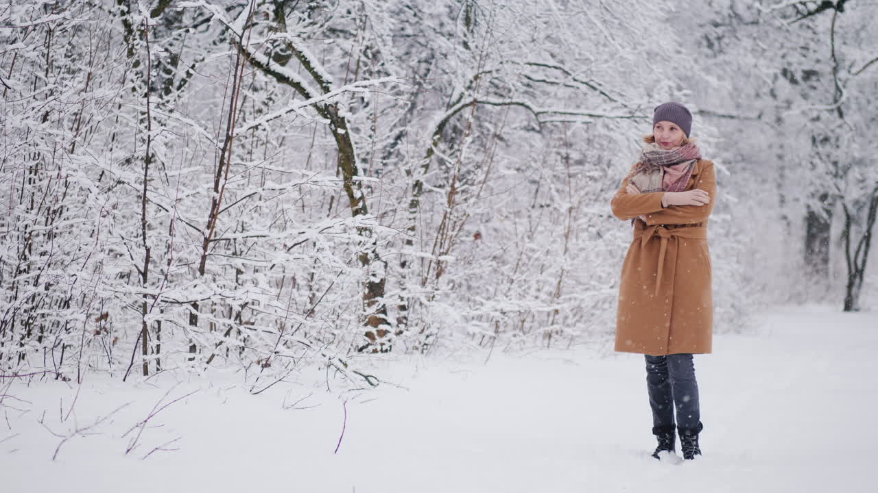 한 여성이 눈 4k 비디오를 감상하는 겨울 공원에 서 있다
