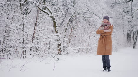 una mujer se para en un parque de invierno admirando el video de nieve 4k