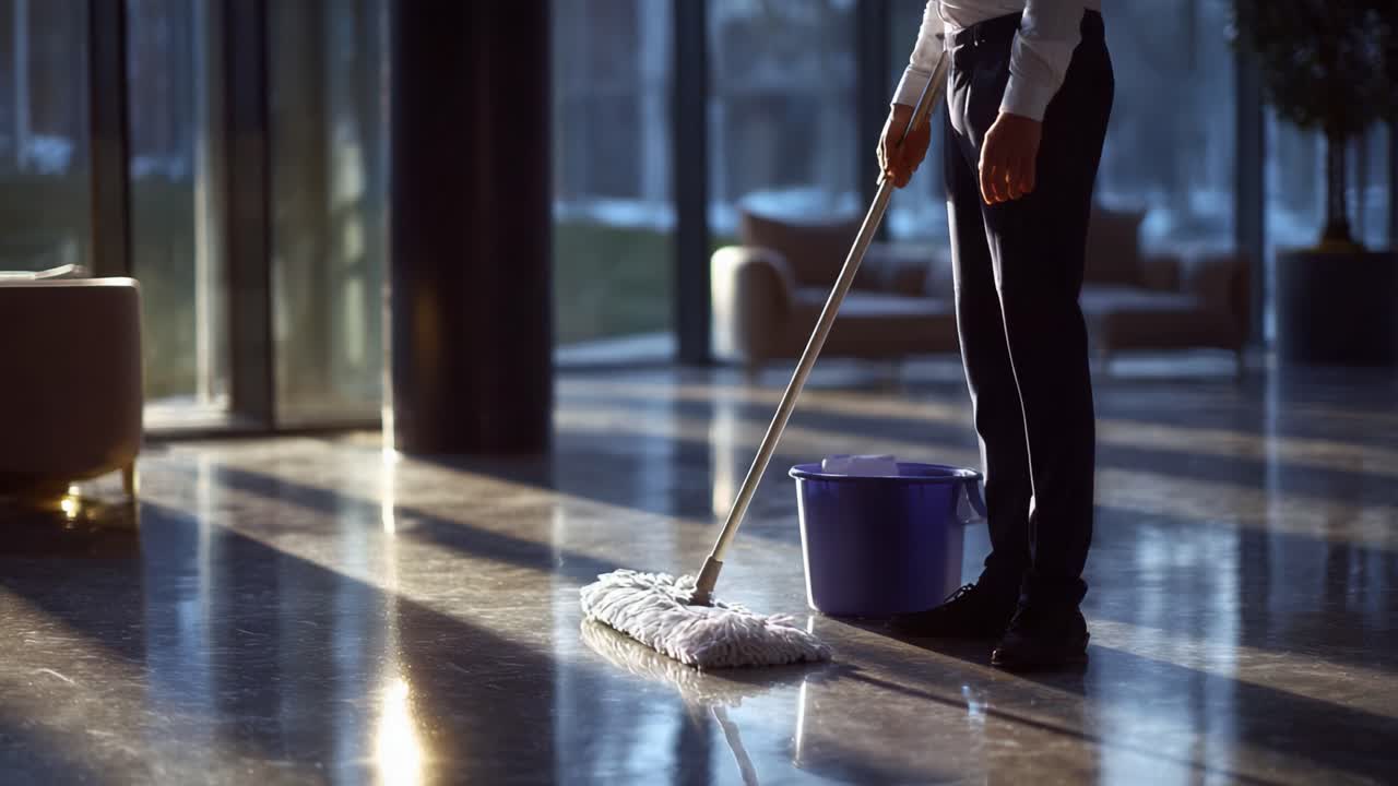 A Dedicated Janitor Wisely Maintains a Gleaming Floor Using a Mop and Bucket, Showcasing the Importance of Cleanliness in Modern Spaces