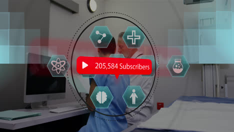 animation of scientific icons and social media reactions over diverse doctors using computer
